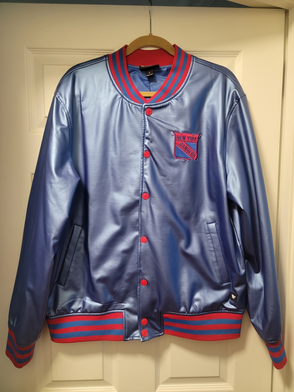 New York Rangers Blue Satin Bomber Jacket with Red Trim - New York
